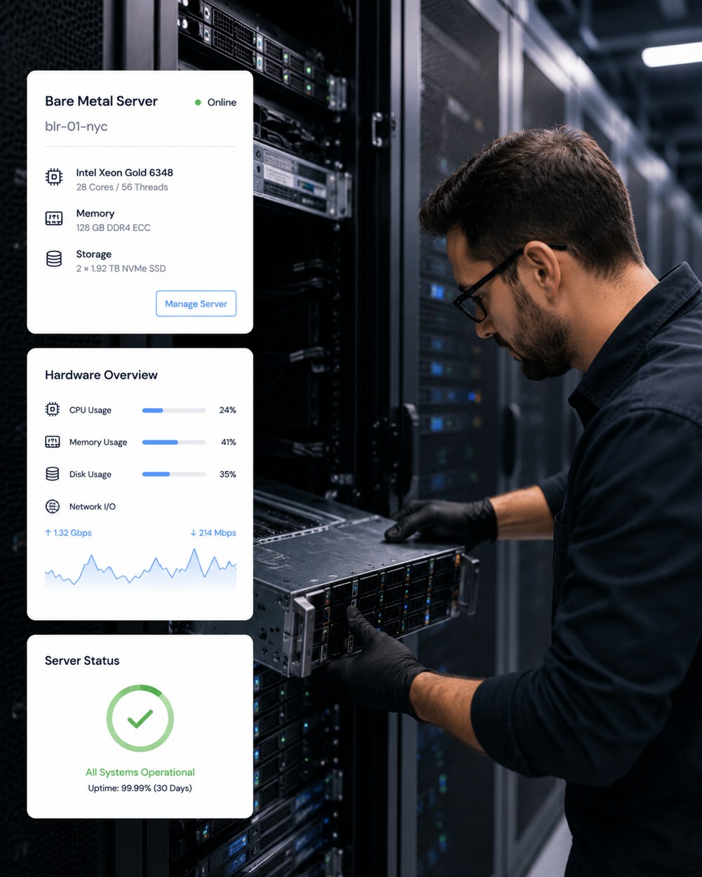 Engineer racking a bare-metal server — Intel Xeon Gold, 128 GB ECC, all systems operational