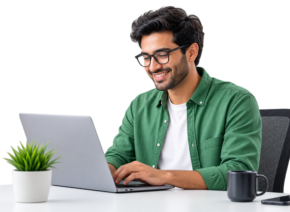 Happy ExonHost customer working on a laptop