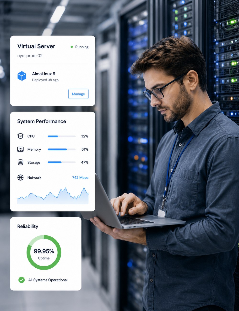 Engineer managing a virtual server dashboard — AlmaLinux running, 32% CPU, 99.95% uptime